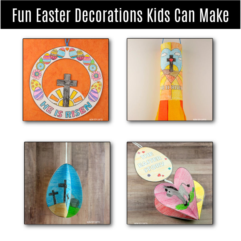 Easter Decoration printables for preschoolers to use for Easter: wreath, 3D eggs, windsocks