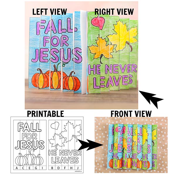 Fall Bible lesson printable featuring changing agamograph artwork and the message He Never Leaves. Ideal for Sunday school, Christian classrooms, and homeschool learning.