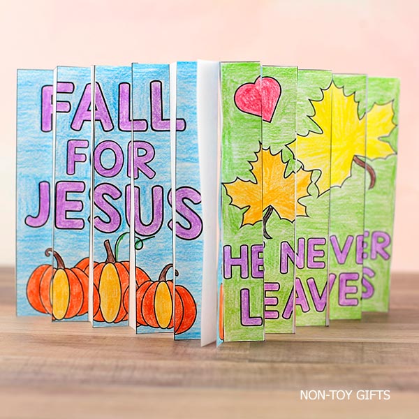 Christian fall learning activity for kids with interactive agamograph templates. Students color, cut, fold, and explore faith-based messages like: Fall For Jesus, he Never Leaves
