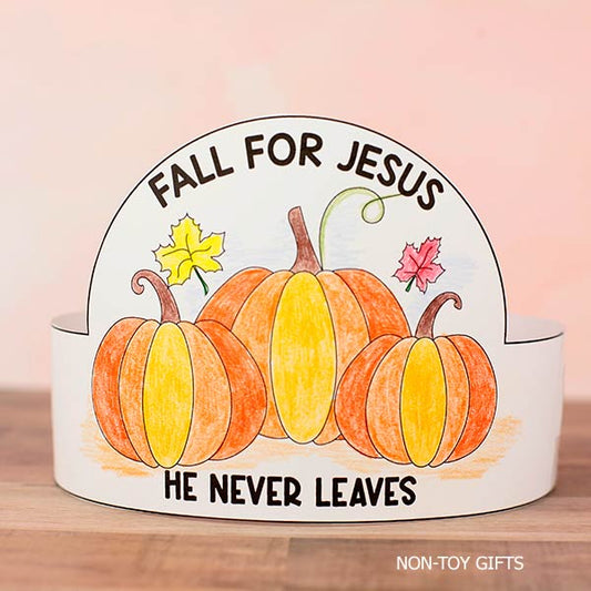 Kids printable Christian fall hat craft with pumpkin design and “Fall for Jesus” message, perfect for Sunday School, homeschool, and autumn Bible activities.