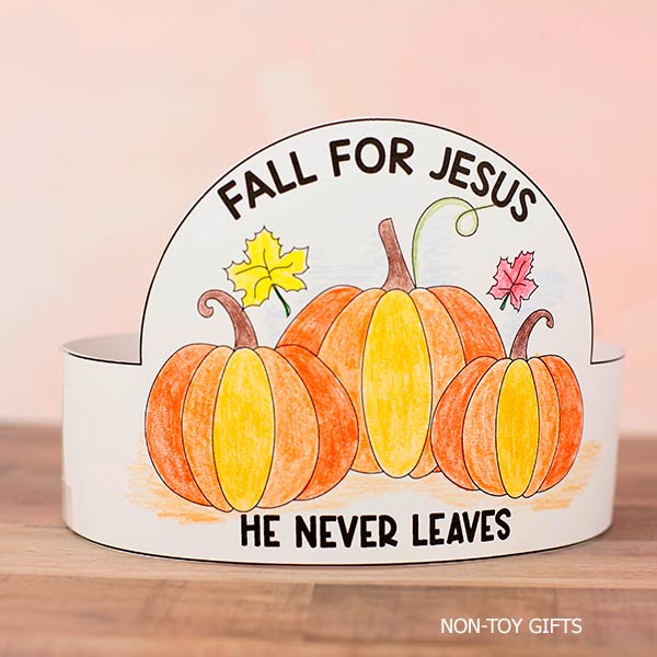 Wearable pumpkin paper headband craft for children featuring a Christian fall theme and printable coloring activity for kids church and faith-based classrooms.