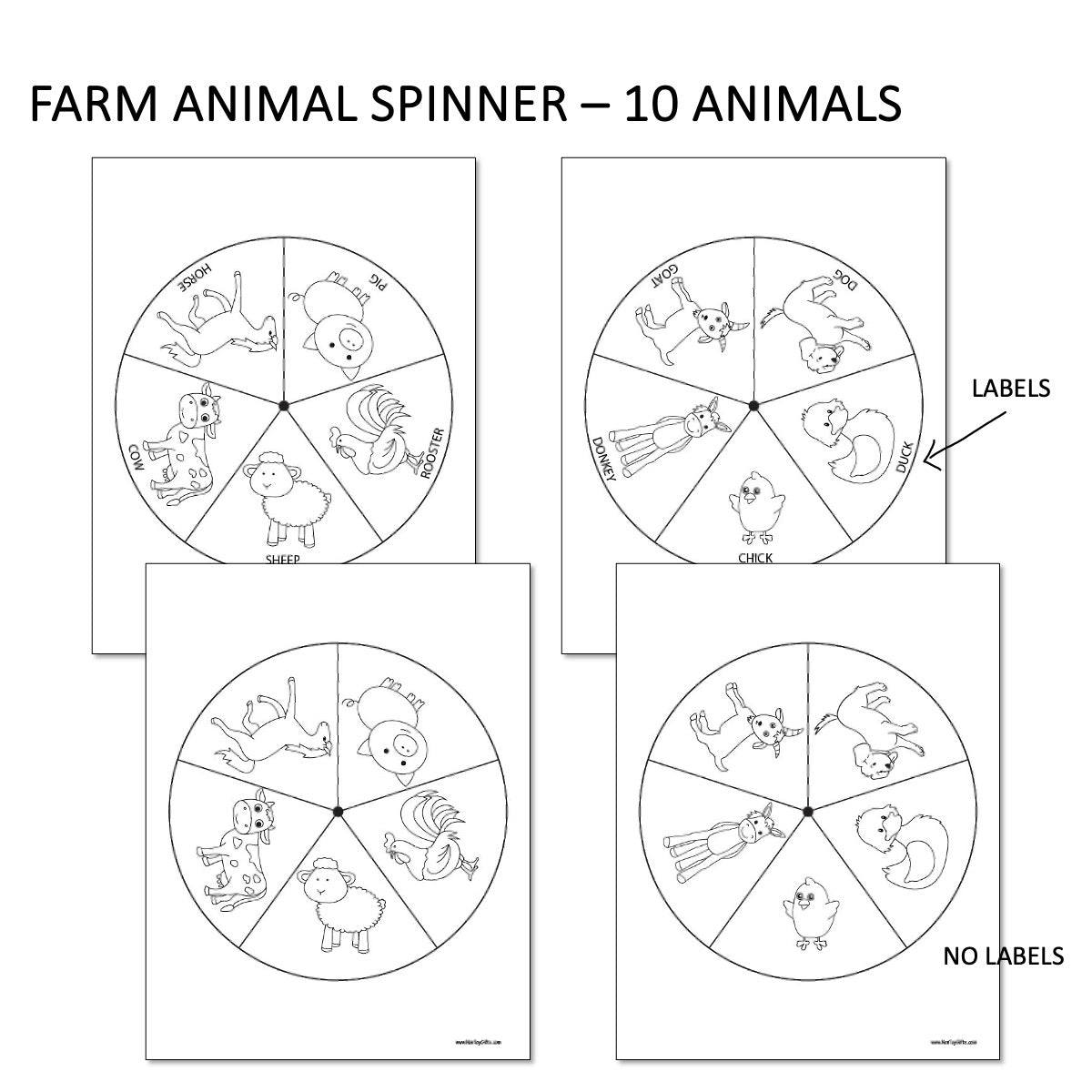Farm animal spinner craft printable with 10 animals