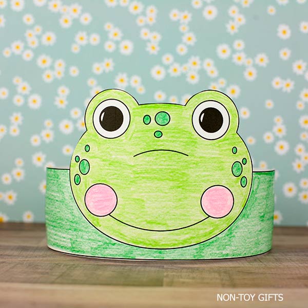 Printable frog paper hat craft for kids, cut and color animal activity