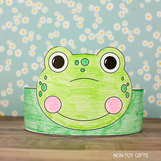 Printable frog paper hat craft for kids, cut and color animal activity