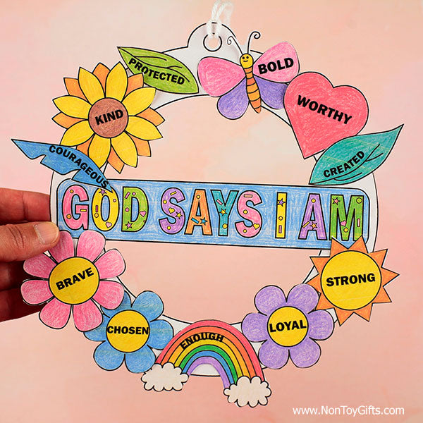 Printable God Says I Am craft for kids featuring a colorful Christian wreath with encouraging faith-based affirmation words.
