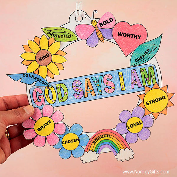 Sunday School Bible craft for kids featuring a God Says I Am wreath, perfect for Bible lessons, children’s church and kids ministry.