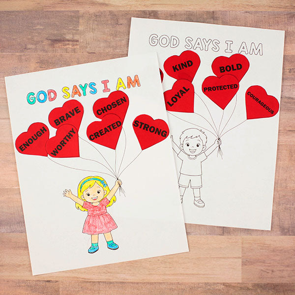 Christian identity craft printable for Sunday School featuring a child holding heart balloons with Bible affirmations to color, cut, and glue.