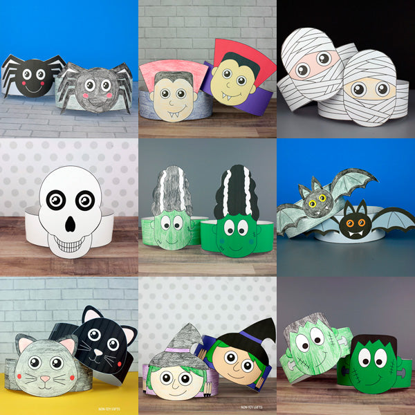 Bundle of 12 printable Halloween paper hat craft printables for kids, featuring cute cartoon characters including spider, vampire, mummy, skull, Frankenstein, bat, black cat, gray cat, witch and more — each headband shown colored and assembled, perfect for preschool classroom, Halloween party activity or costume.