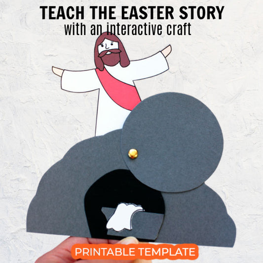 He Is Risen craft printable showing interactive Christian Easter tomb craft where Jesus rises from the empty tomb, Holy Week resurrection craft for kids.
