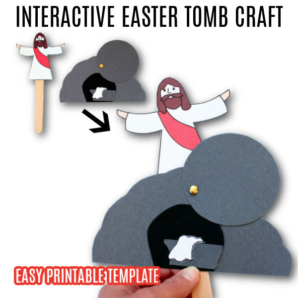 Christian Easter tomb craft printable with Jesus rising from the tomb, He Is Risen resurrection craft and writing activity for Sunday school and homeschool.