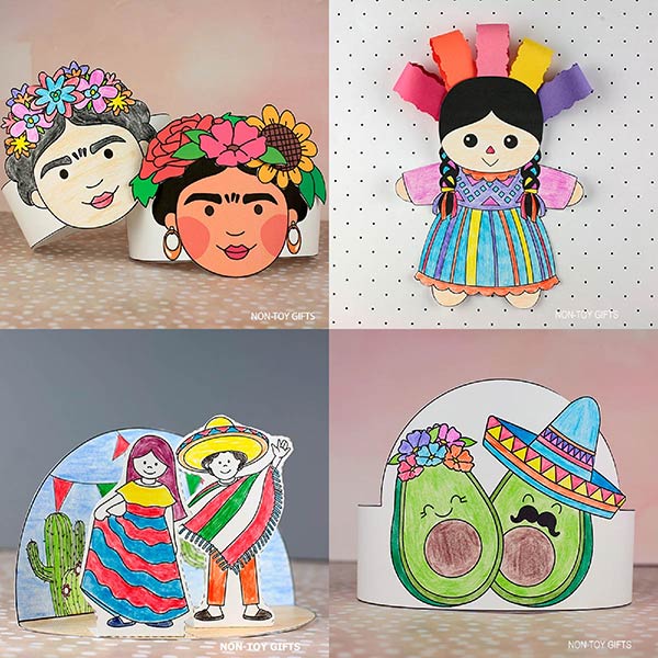 Hispanic Heritage Month crafts for kids: Frida Kahlo, Muneca Lele doll, Mexican fiesta and avocado with sombrero paper hat