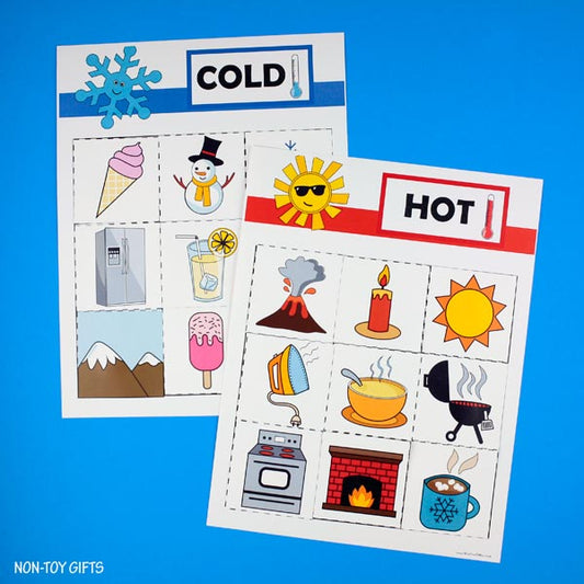 Hot and cold sorting printable with picture cards and temperature sorting mats
