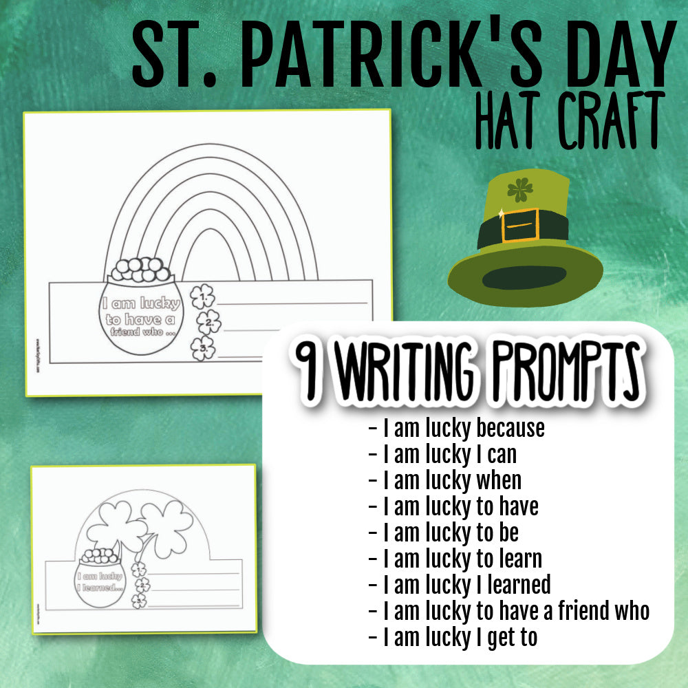 Printable St Patrick’s Day craft for kids featuring March writing prompts and wearable paper headband