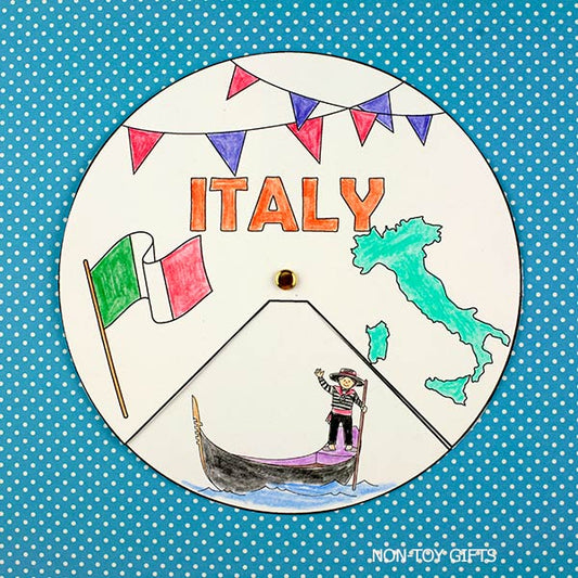 Italy spinner craft printable showing Italian landmarks and cultural symbols