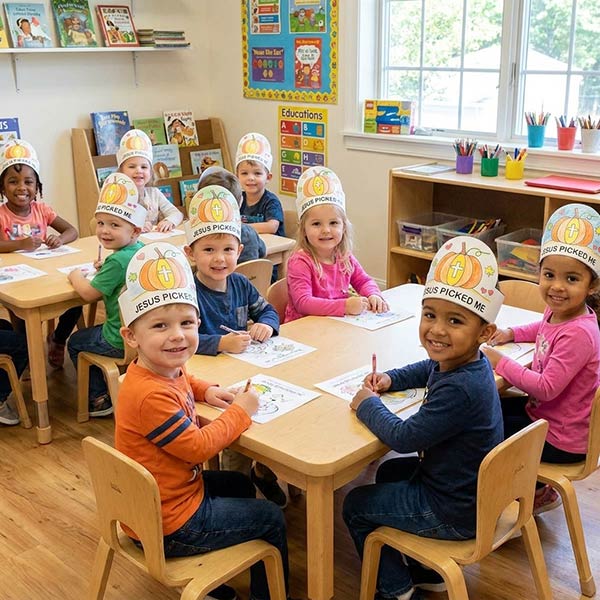 Jesus Picked Me pumpkin crown craft printable for children with cute fall-themed artwork. Easy Christian harvest activity for kids to color and wear during Bible lessons and church events.