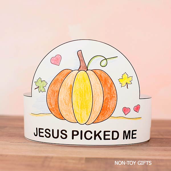 Printable pumpkin Bible hat craft featuring “Jesus Picked Me” with autumn leaves and heart decorations. Christian fall activity for kids church, Thanksgiving lessons, and harvest festival celebrations.