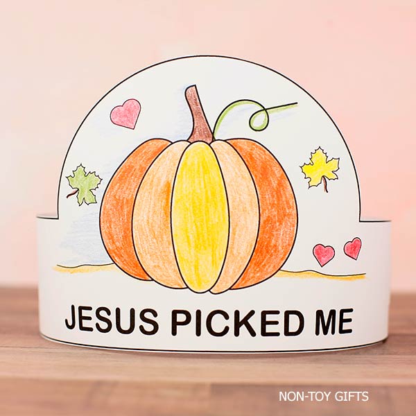 Christian pumpkin hat craft printable for kids with the phrase “Jesus Picked Me” and Bible verse John 15:16. Fall paper crown activity to color, cut, and wear for Sunday School, homeschool, and church.
