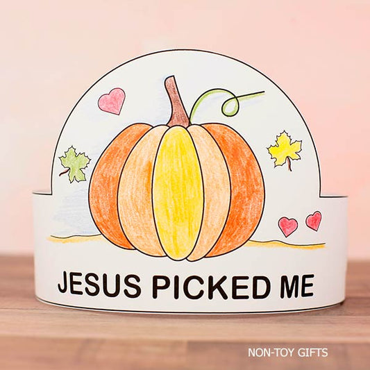 Christian pumpkin hat craft printable for kids with the phrase “Jesus Picked Me” and Bible verse John 15:16. Fall paper crown activity to color, cut, and wear for Sunday School, homeschool, and church.