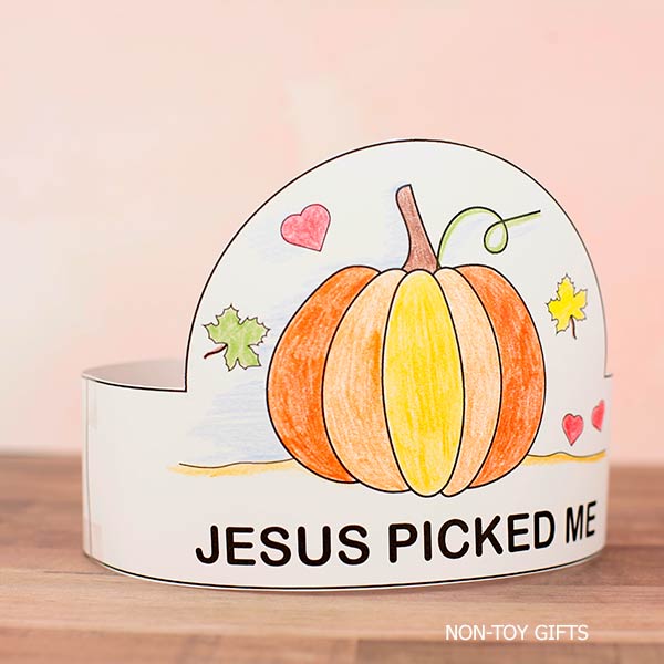 Fall Bible craft printable showing a pumpkin paper headband with John 15:16. Black-and-white Christian coloring activity for Sunday School, Christian classrooms, and homeschool learning.