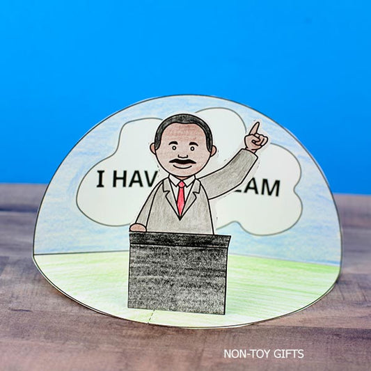 Printable Martin Luther King Jr. diorama craft showing a 3D “I Have a Dream” scene for kids