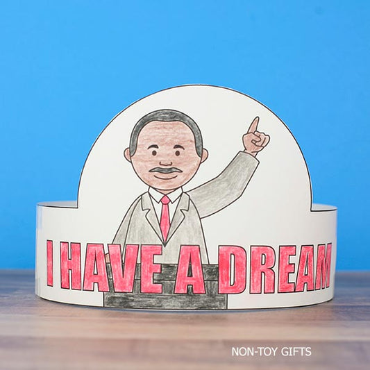 MLK Jr paper hat printable showing a child-sized headband with Martin Luther King Jr and the words I Have a Dream