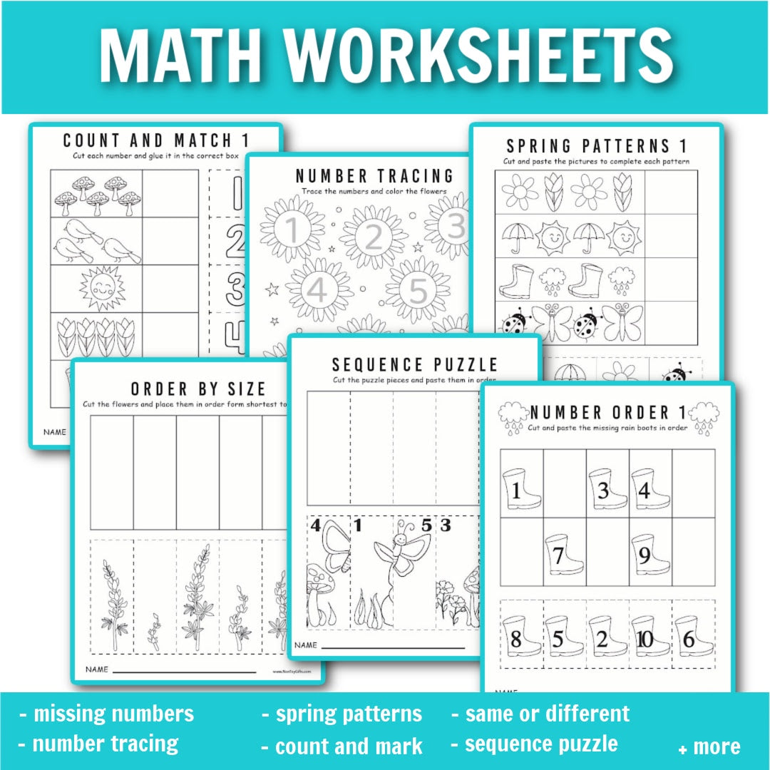 No prep spring preschool activities including math worksheets: number order, number tracing, count and match, spring patterns, order by size, sequence puzzles and more