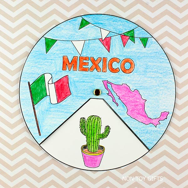 Interactive Mexico spinner printable for children to color, cut, and assemble while exploring world culture and diversity.