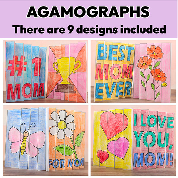 Printable Mother’s Day kids craft with agamograph optical illusion art project children color and fold to make a gift for mom