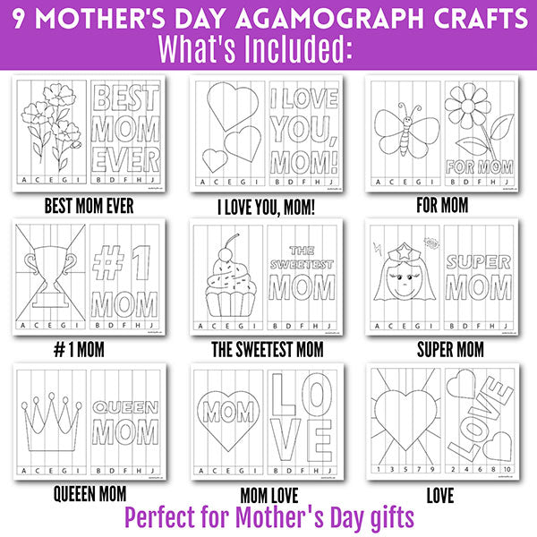 Mother’s Day printable coloring craft for kids featuring agamograph art activity with 9 designs