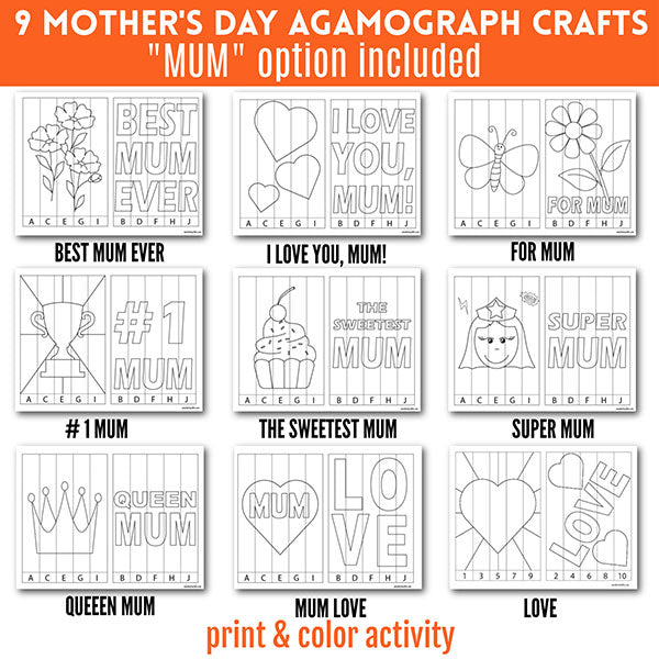 Kids Mother’s Day craft printable agamograph art project with nine coloring designs children make a handmade gift for mum