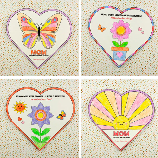 Mother's Day 4 Coloring Heart Cards for Mom or Mum