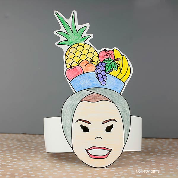 Printable Carmen Miranda paper hat craft for kids with fruit-inspired design