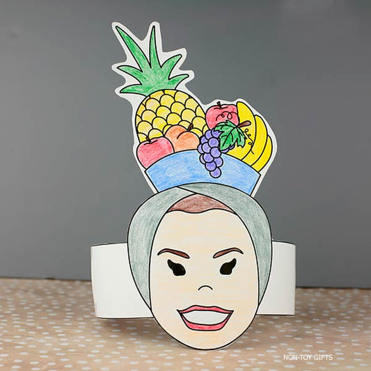 Printable Carmen Miranda paper hat craft for kids with fruit-inspired design