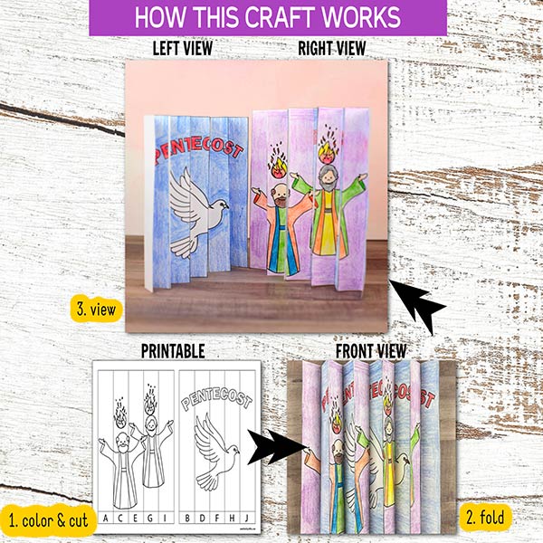 Pentecost bulletin board craft for kids with agamograph printable and Holy Spirit themed writing prompts