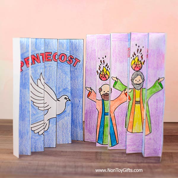 Pentecost craft for kids printable with interactive agamograph art and Christian writing activity for classroom use