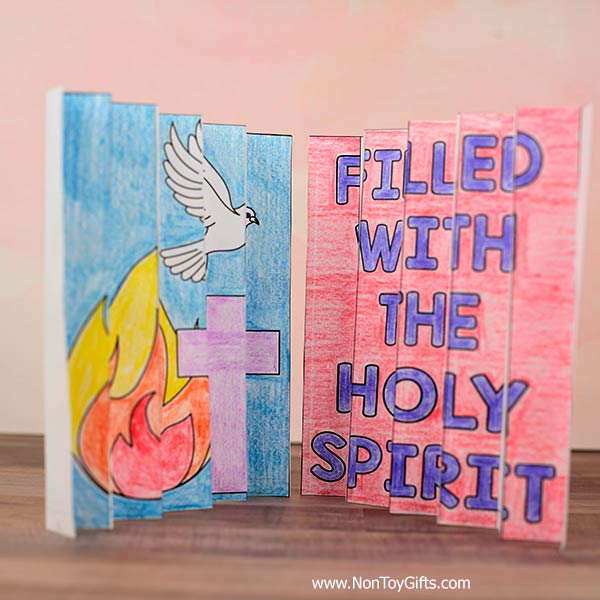 Sunday school Pentecost activity with agamograph craft printable and student writing prompts for bulletin board