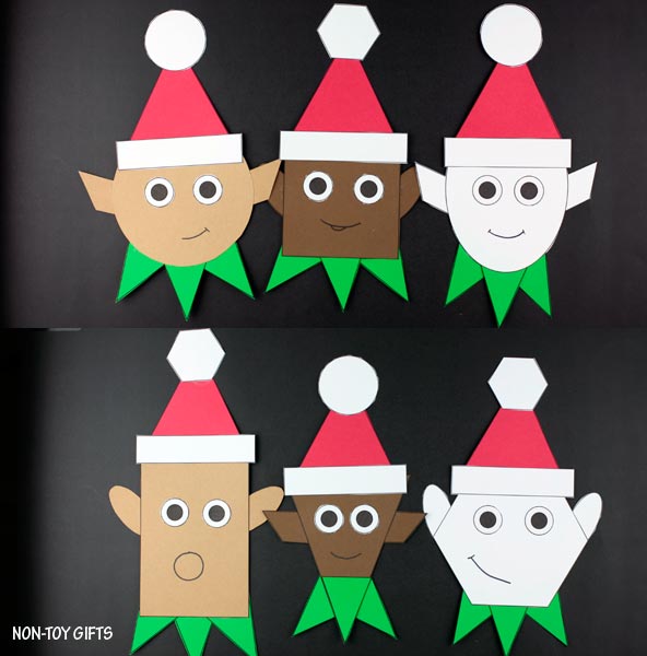 Christmas elf craft printable for preschoolers - use shapes to make this holiday math craft