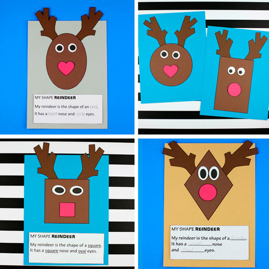 Shape Reindeer Craft Printable — fun Christmas math and art activity for preschool and kindergarten. Kids learn shapes while building a cute reindeer using circles, triangles, and squares.