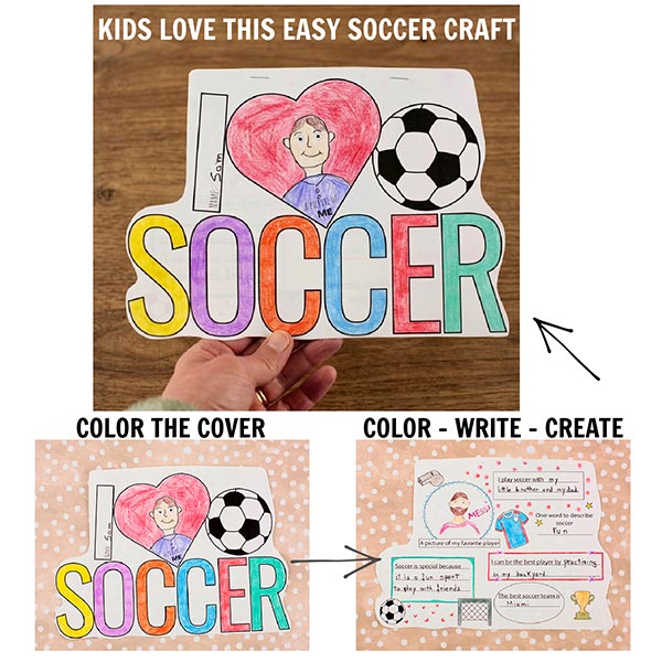 Easy soccer craft for kids featuring coloring, cutting and writing prompts, fun World Cup activity printable for children