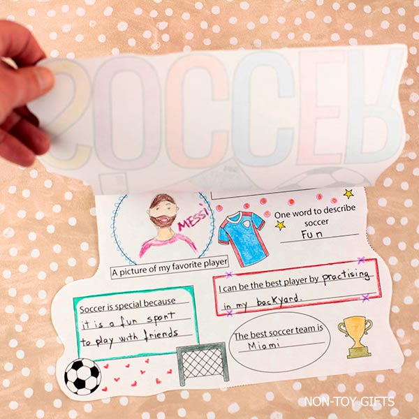 Kids soccer craft printable finished example with colorful design and writing section, easy print and go activity for home or school