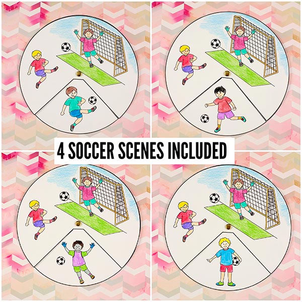 Printable soccer spinner craft for kids, low prep interactive sports activity with coloring pages, ideal for classroom, homeschool, or World Cup fun