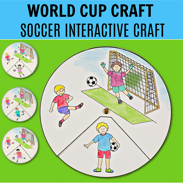 Soccer spinner craft printable for kids, interactive coloring activity with spinning wheel, perfect 2026 World Cup classroom or homeschool craft