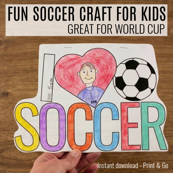 Soccer craft printable for kids with coloring and writing activity, perfect for World Cup themed classroom or home use