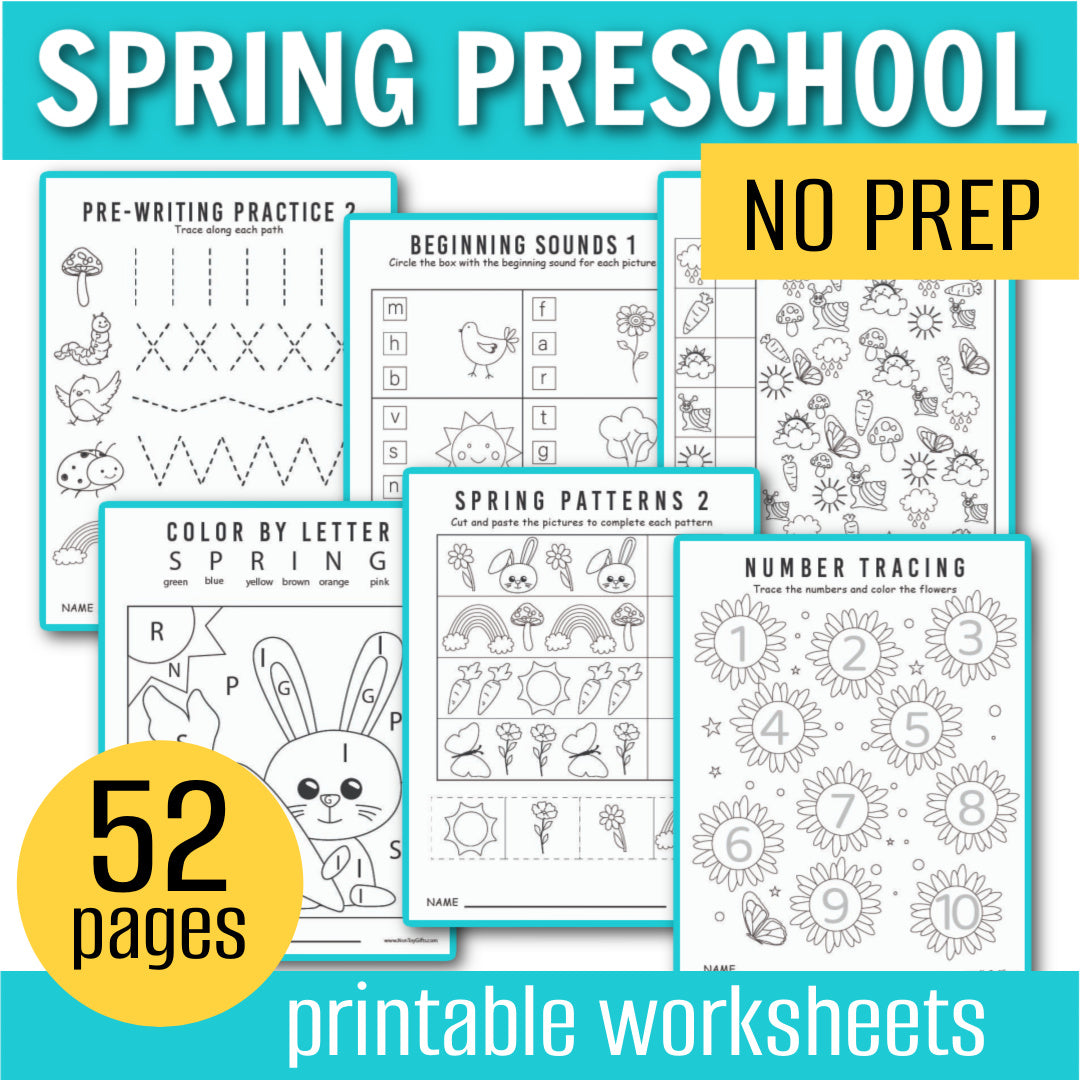Spring preschool worksheets printable pack with tracing, counting, patterns, pre-writing practice, and fine motor activities