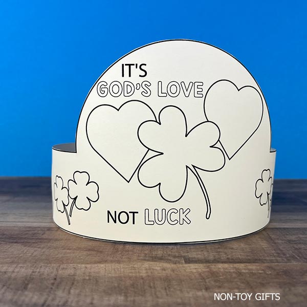 St Patrick’s Day Christian craft for kids easy print and color Bible paper hats with “God’s Love Is Not Luck” message