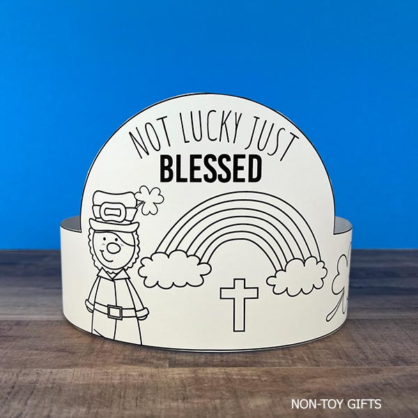 St Patrick’s Day Christian craft for kids printable Bible paper hats with “Not Lucky Just Blessed” and “I Have Jesus” faith-based messages