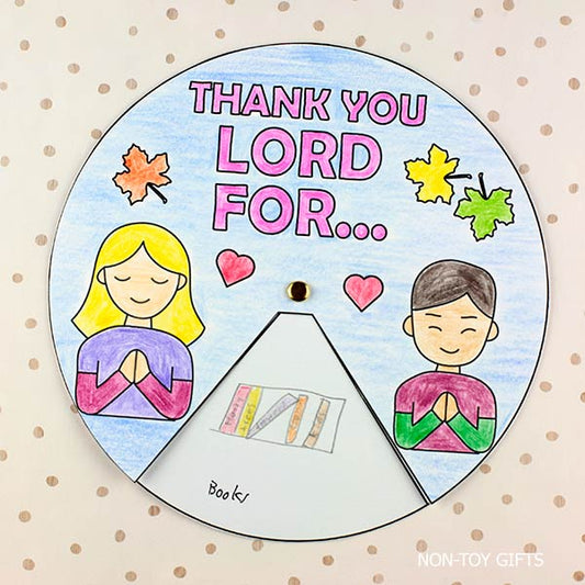Printable Thank You Lord Spinner Craft for kids. Christian gratitude activity ideal for Sunday School, homeschool, or classroom lessons on thankfulness. Children color, cut, and assemble a spinner to show what they’re thankful for—family, friends, Jesus, home, and church. Easy, low-prep craft for faith-based fall or Thanksgiving units.