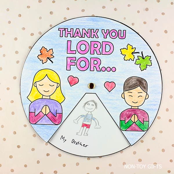 Printable Thank You Lord gratitude spinner for Christian classrooms. Faith-based craft for children to express thankfulness to God through art and writing. Easy prep for Sunday School or homeschool teachers. Includes templates and covers to create a colorful spinner about God’s blessings.