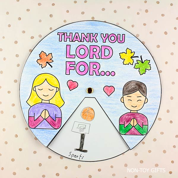 Christian “Thank You Lord” spinner craft printable for kids. Fun Sunday School activity to teach gratitude and thankfulness. Students color, cut, and spin to share blessings like family, friends, home, church, and Jesus. Perfect for fall Bible lessons and Thanksgiving crafts in classrooms or homeschool.