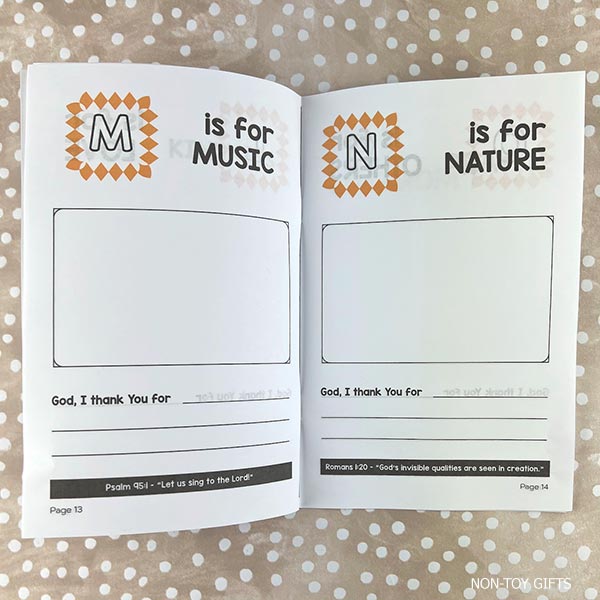 Example pages from A to Z gratitude activity with Bible themes